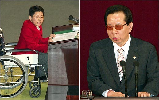 지난 2005년 2월 17일 대정부질문을 하는 장향숙 의원(왼쪽)과 지난 4월 14일 대정부질문하는 정화원 의원.